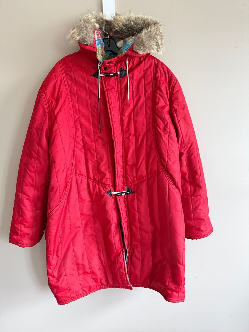Vintage 70's Red Winter Parka Fur Trim Hood Plaid Lined Utility Gorp Rustic XL